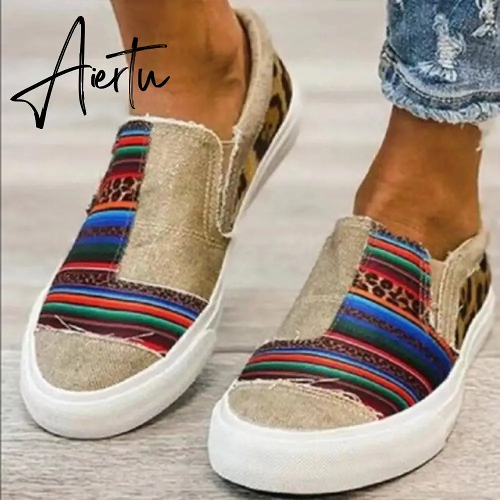 Aiertu Women Flat Shoes Casual Summer Patchwork Printed Leisure Loafers Women Shoes Canvas Slip On Sneakers Women's Vulcanize Shoes