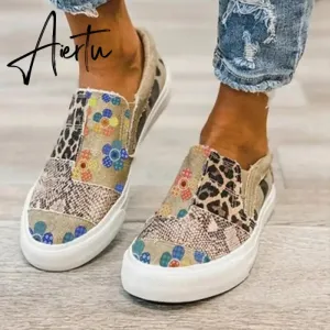 Aiertu Women Flat Shoes Casual Summer Patchwork Printed Leisure Loafers Women Shoes Canvas Slip On Sneakers Women's Vulcanize Shoes