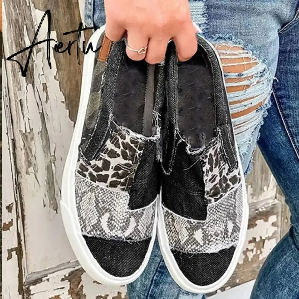 Aiertu Women Flat Shoes Casual Summer Patchwork Printed Leisure Loafers Women Shoes Canvas Slip On Sneakers Women's Vulcanize Shoes