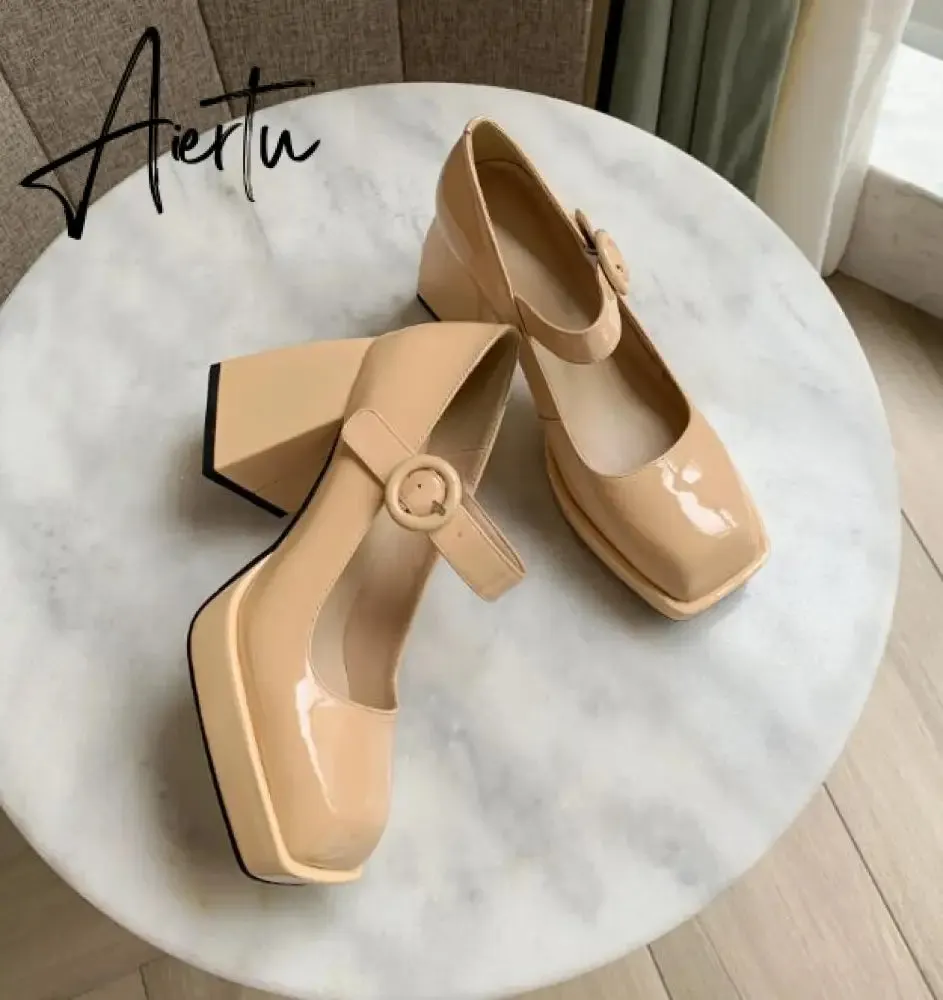 Aiertu Women Pumps Shoes Thick High Heels Waterproof Platform Mary Janes Patent Leather Classics Dress Square Toe Buckle Strap  A43