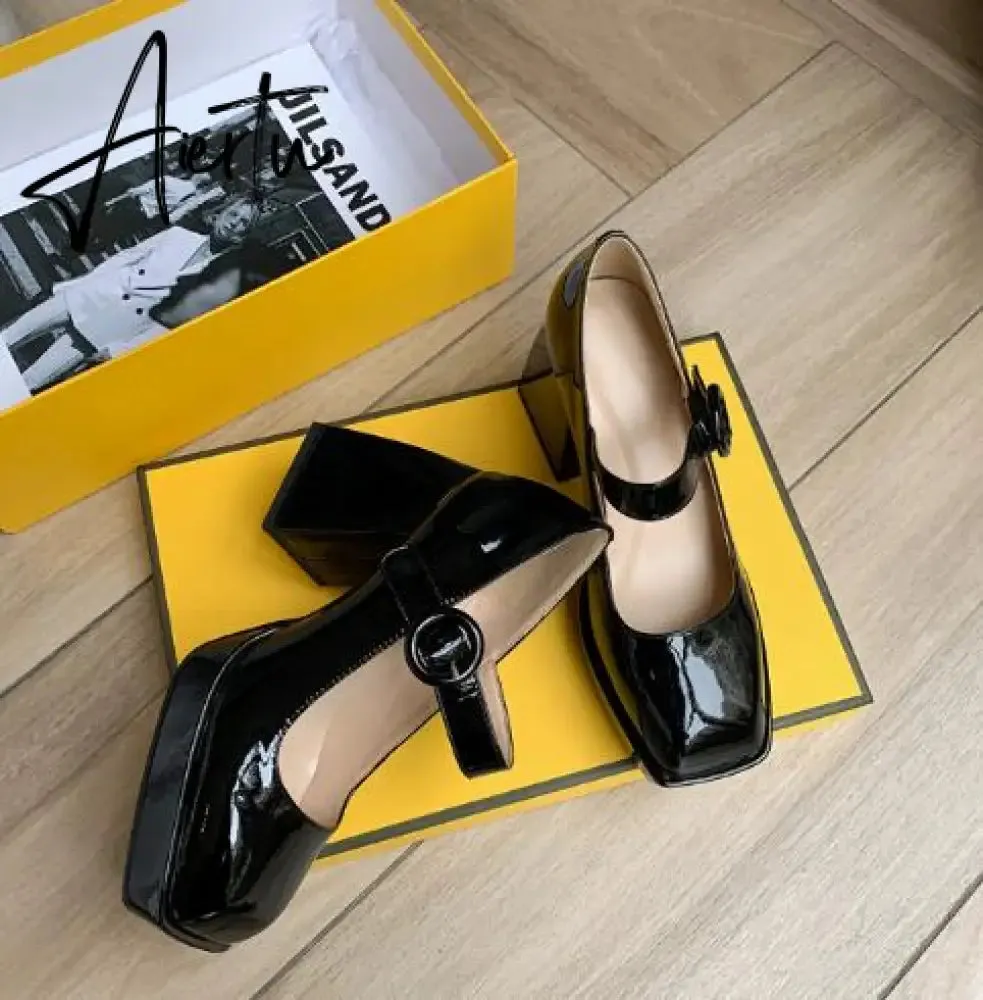Aiertu Women Pumps Shoes Thick High Heels Waterproof Platform Mary Janes Patent Leather Classics Dress Square Toe Buckle Strap  A43