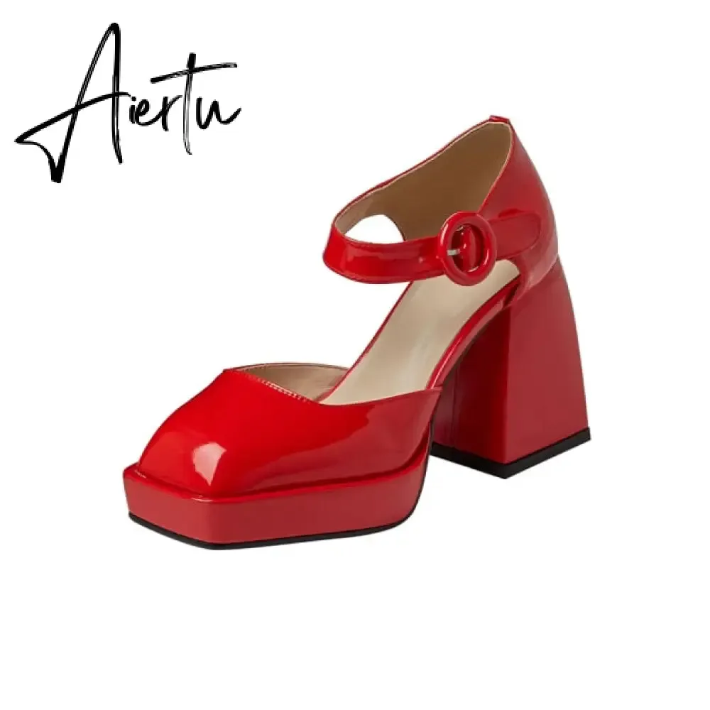 Aiertu Women Pumps Shoes Thick High Heels Waterproof Platform Mary Janes Patent Leather Classics Dress Square Toe Buckle Strap  A43