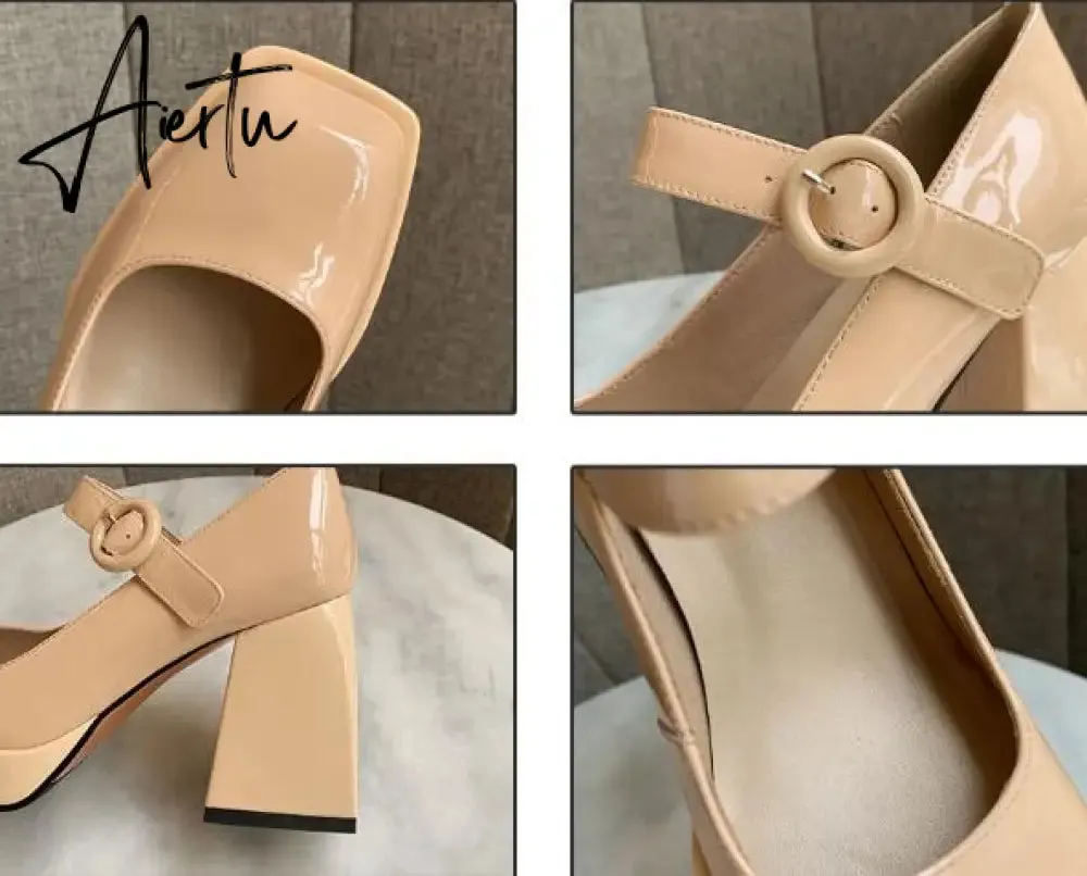 Aiertu Women Pumps Shoes Thick High Heels Waterproof Platform Mary Janes Patent Leather Classics Dress Square Toe Buckle Strap  A43