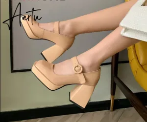 Aiertu Women Pumps Shoes Thick High Heels Waterproof Platform Mary Janes Patent Leather Classics Dress Square Toe Buckle Strap  A43