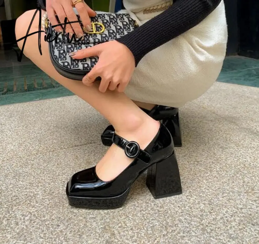 Aiertu Women Pumps Shoes Thick High Heels Waterproof Platform Mary Janes Patent Leather Classics Dress Square Toe Buckle Strap  A43