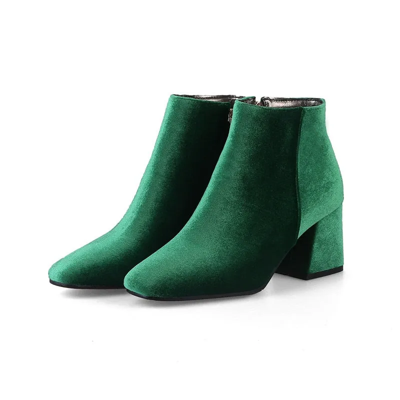 Amozae- Brand Velvet Women's Ankle Boots 2024 Winter Fashion Women Boots Thick Med Heel Short Shoes Woman Large Size Black Red Green