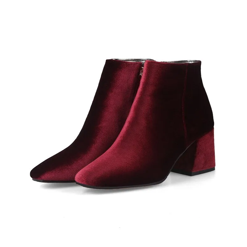 Amozae- Brand Velvet Women's Ankle Boots 2024 Winter Fashion Women Boots Thick Med Heel Short Shoes Woman Large Size Black Red Green