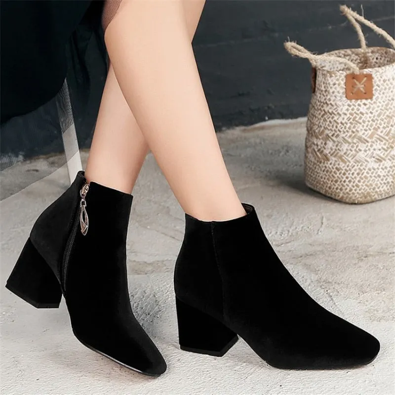 Amozae- Brand Velvet Women's Ankle Boots 2024 Winter Fashion Women Boots Thick Med Heel Short Shoes Woman Large Size Black Red Green