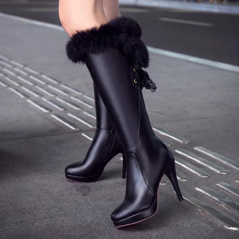 Amozae-  Fashion Knee High Boots Women's Winter Boots Thick High Heel Long Boots Round Slip On Spring Autumn Shoes Woman Black White