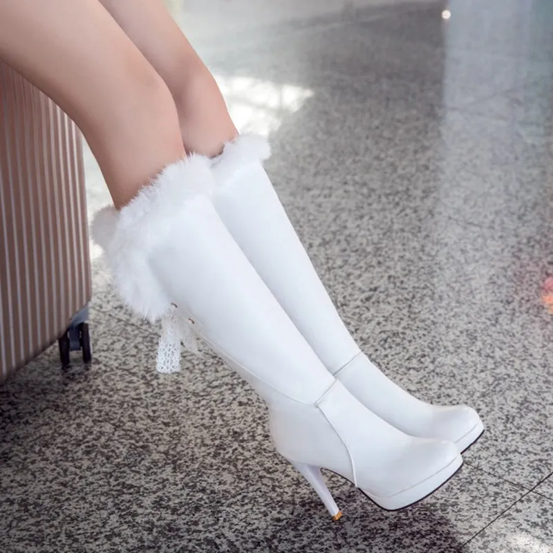 Amozae-  Fashion Knee High Boots Women's Winter Boots Thick High Heel Long Boots Round Slip On Spring Autumn Shoes Woman Black White