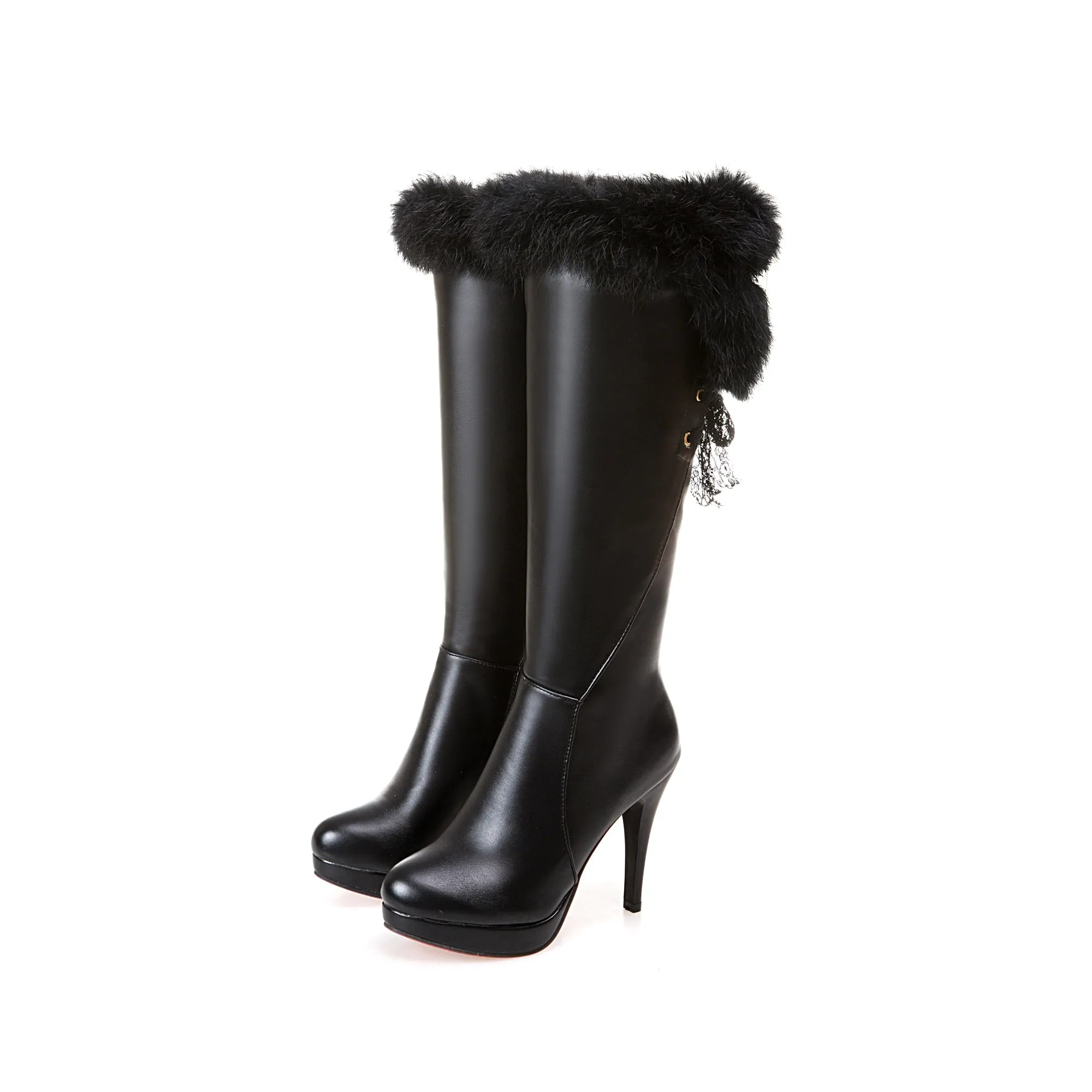 Amozae-  Fashion Knee High Boots Women's Winter Boots Thick High Heel Long Boots Round Slip On Spring Autumn Shoes Woman Black White