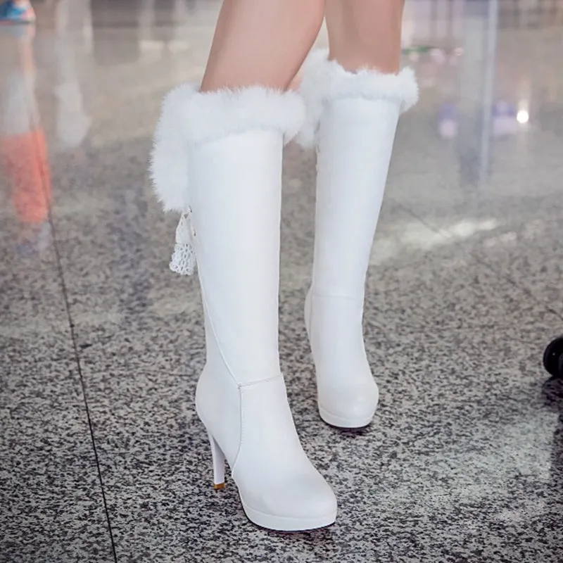 Amozae-  Fashion Knee High Boots Women's Winter Boots Thick High Heel Long Boots Round Slip On Spring Autumn Shoes Woman Black White