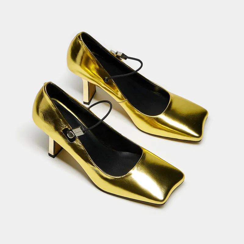 Amozae-Hiba Genuine Leather Mid Heel Handmade Mary Janes