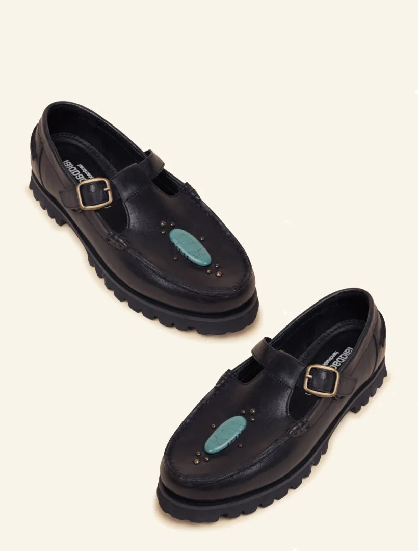 Askari Chunky Mary Janes Black Leather Turquoise
