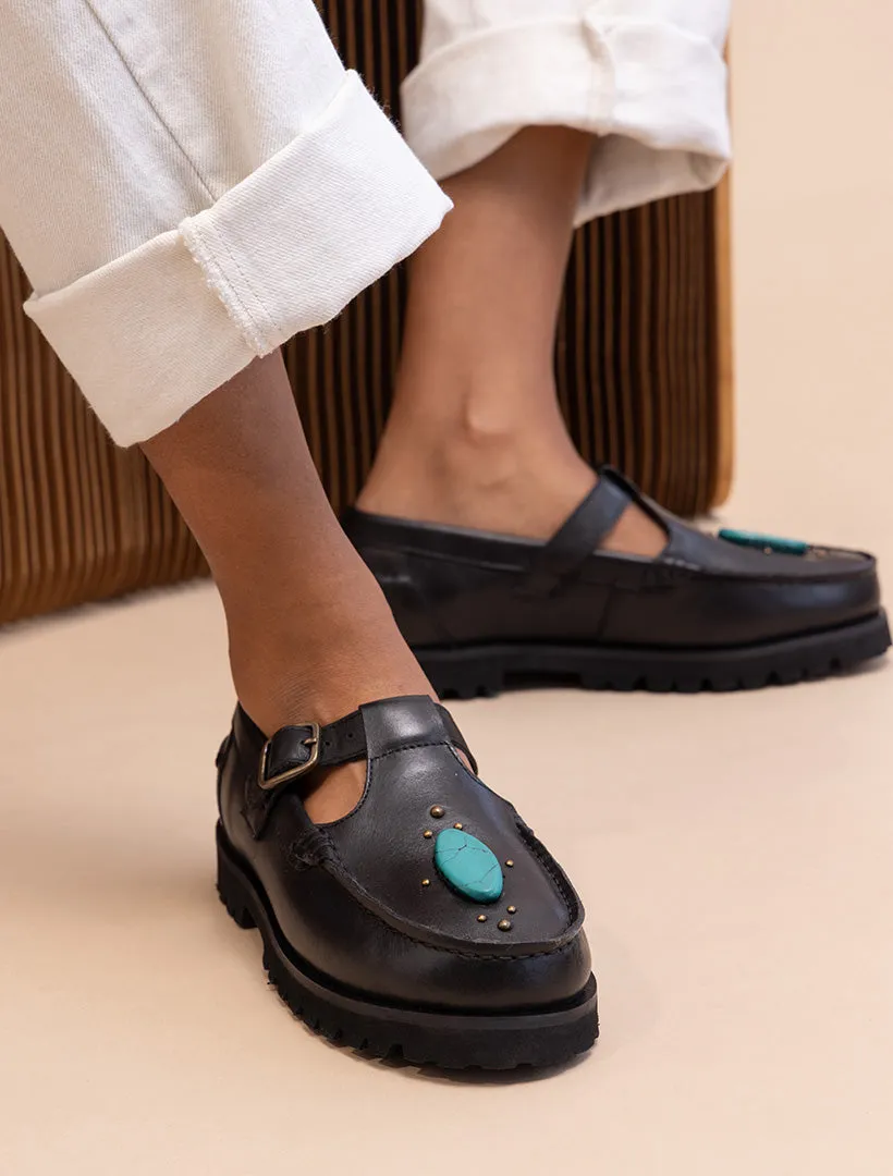 Askari Chunky Mary Janes Black Leather Turquoise