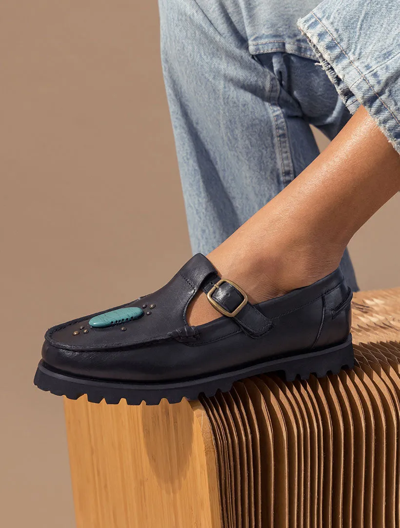 Askari Chunky Mary Janes Black Leather Turquoise
