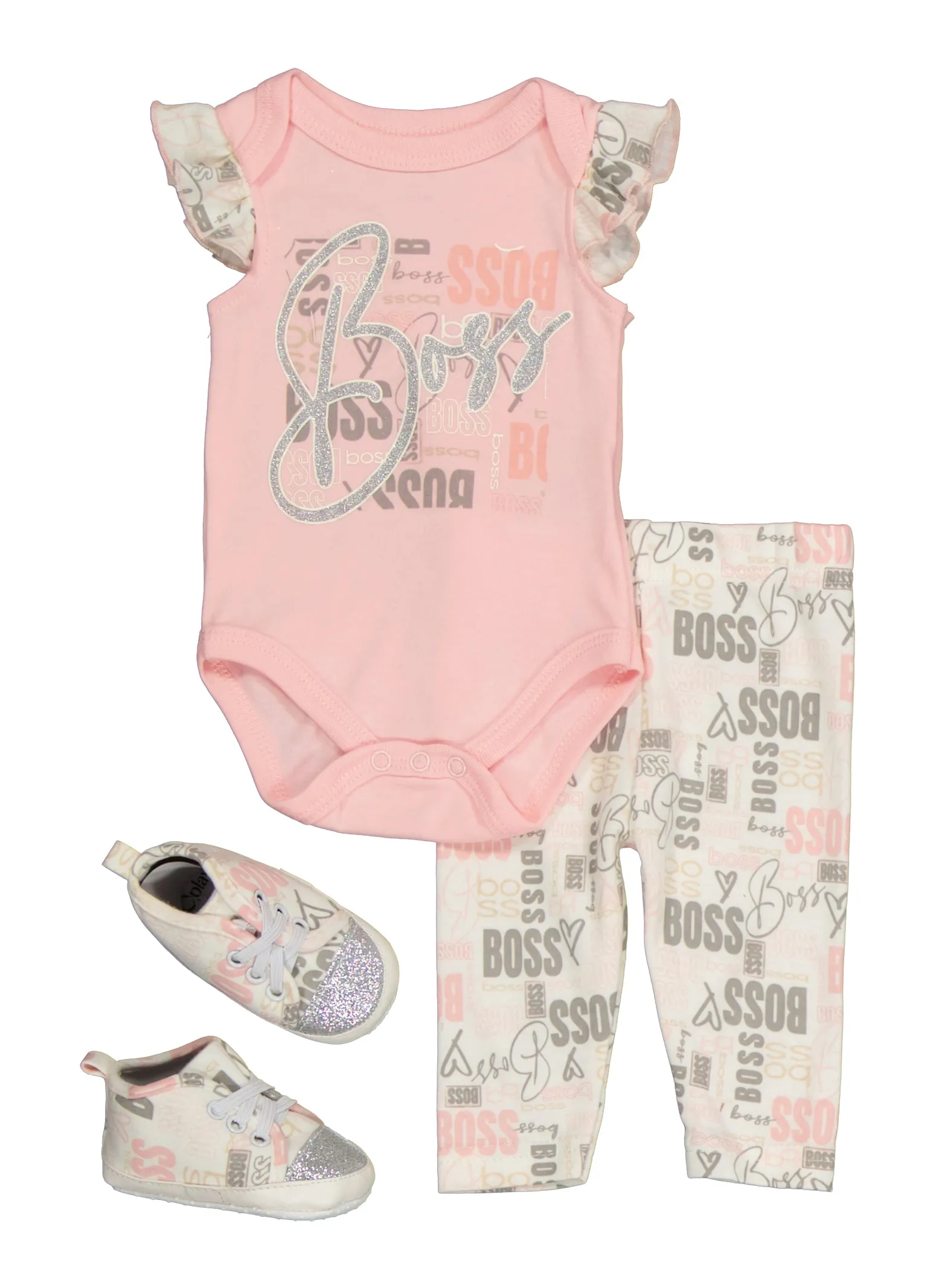 Baby Girls 0-9M Boss Glitter Bodysuit and Leggings with Shoes - Pink