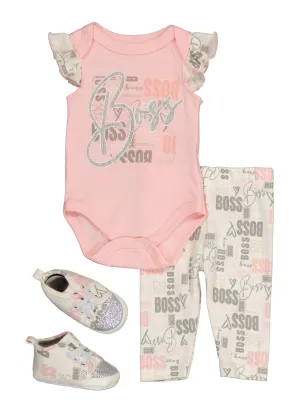 Baby Girls 0-9M Boss Glitter Bodysuit and Leggings with Shoes - Pink