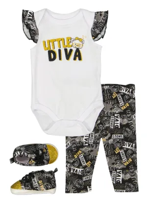 Baby Girls 0-9M Little Diva Ruffled Bodysuit and Leggings with Shoes
