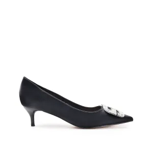 Black Leather Rhinestone Buckle Heels | 451N-C