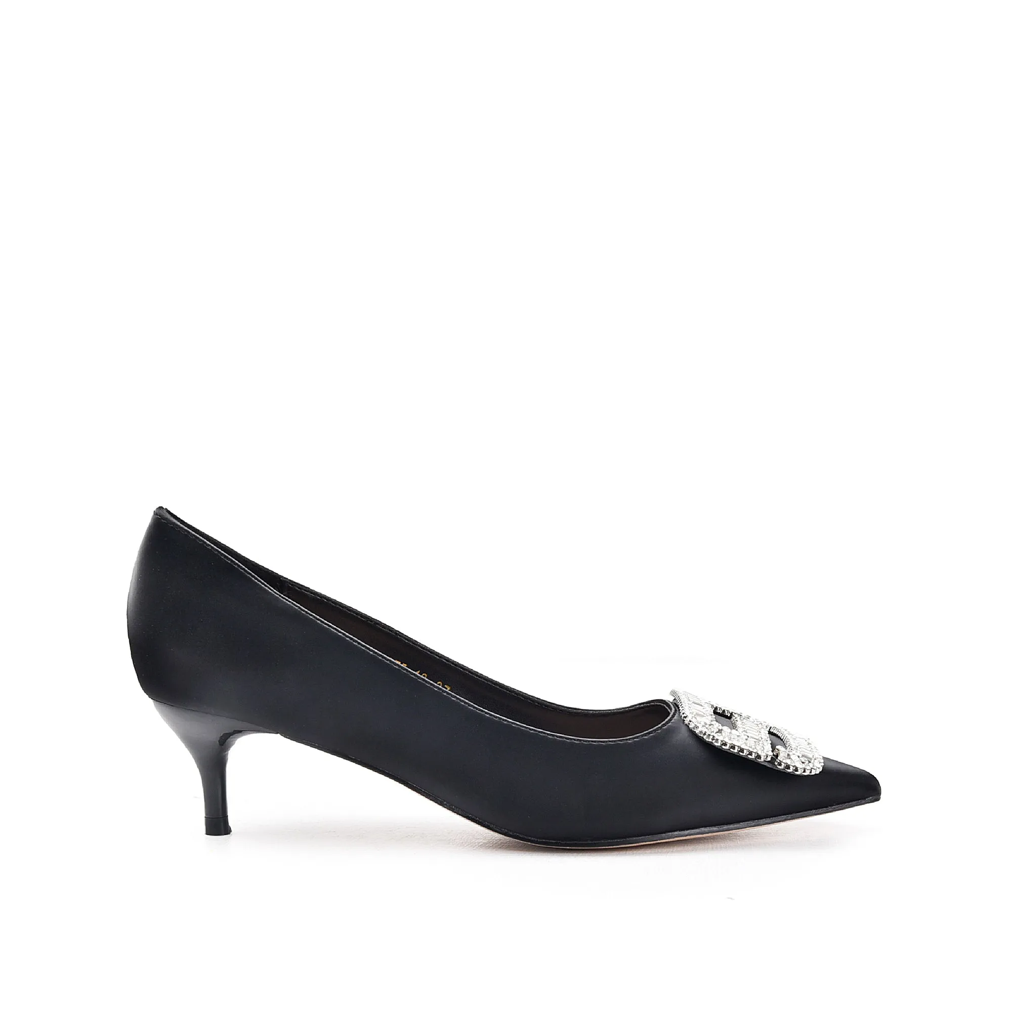 Black Leather Rhinestone Buckle Heels | 451N-C