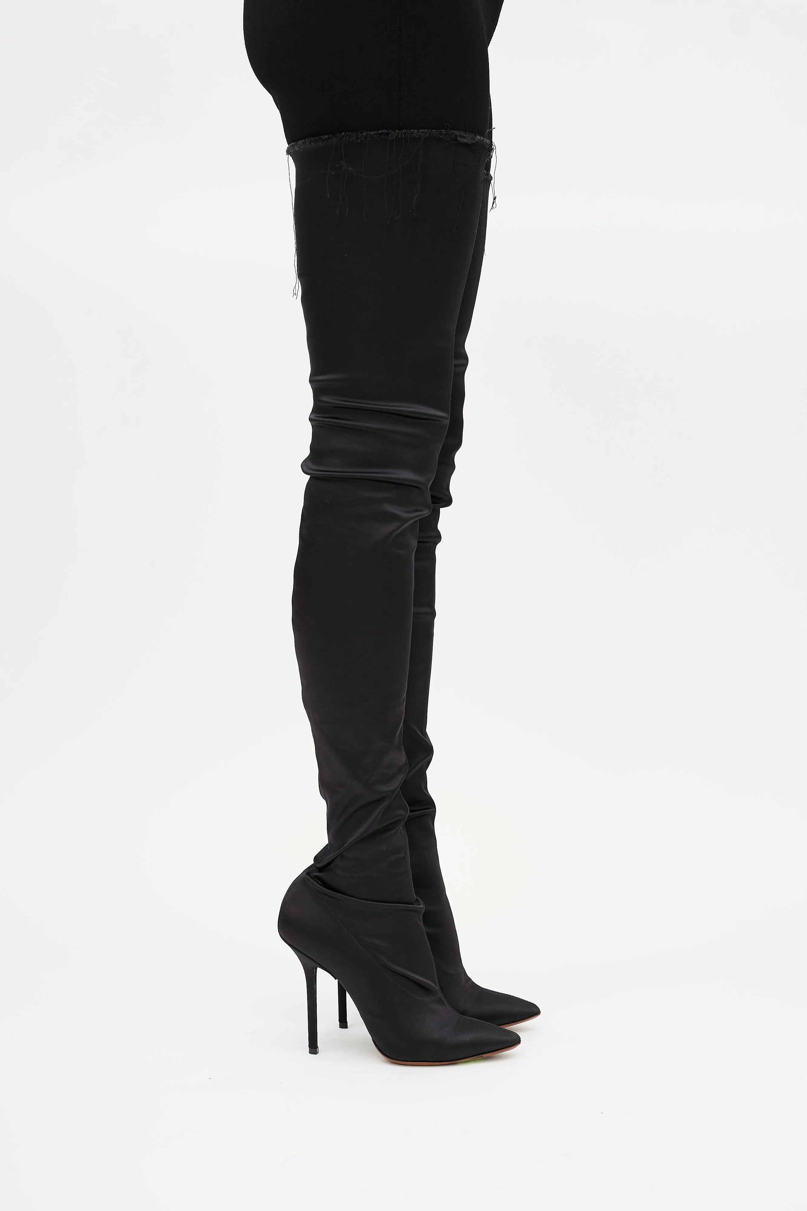 Black Satin Deconstructed Thigh High Boot