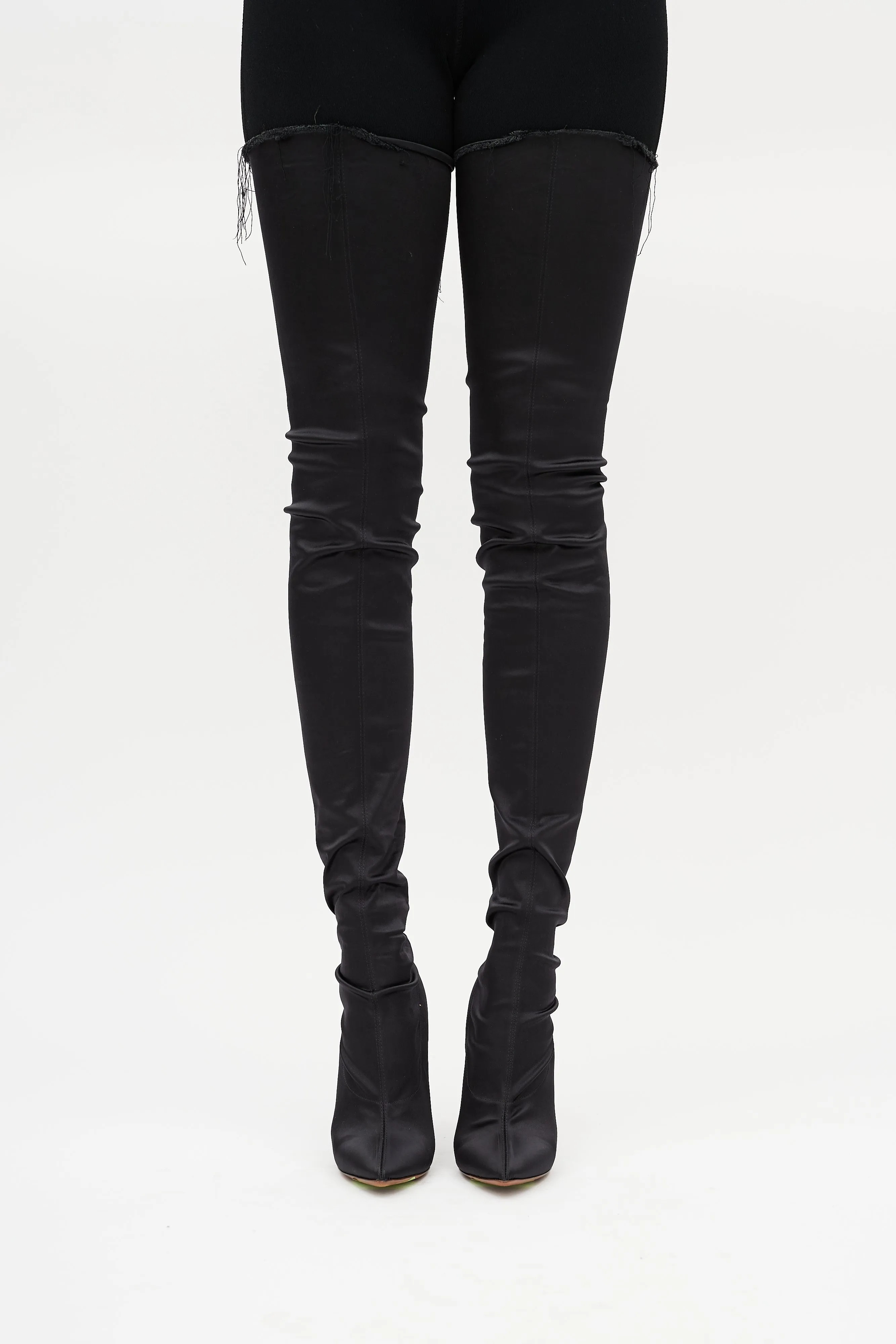 Black Satin Deconstructed Thigh High Boot