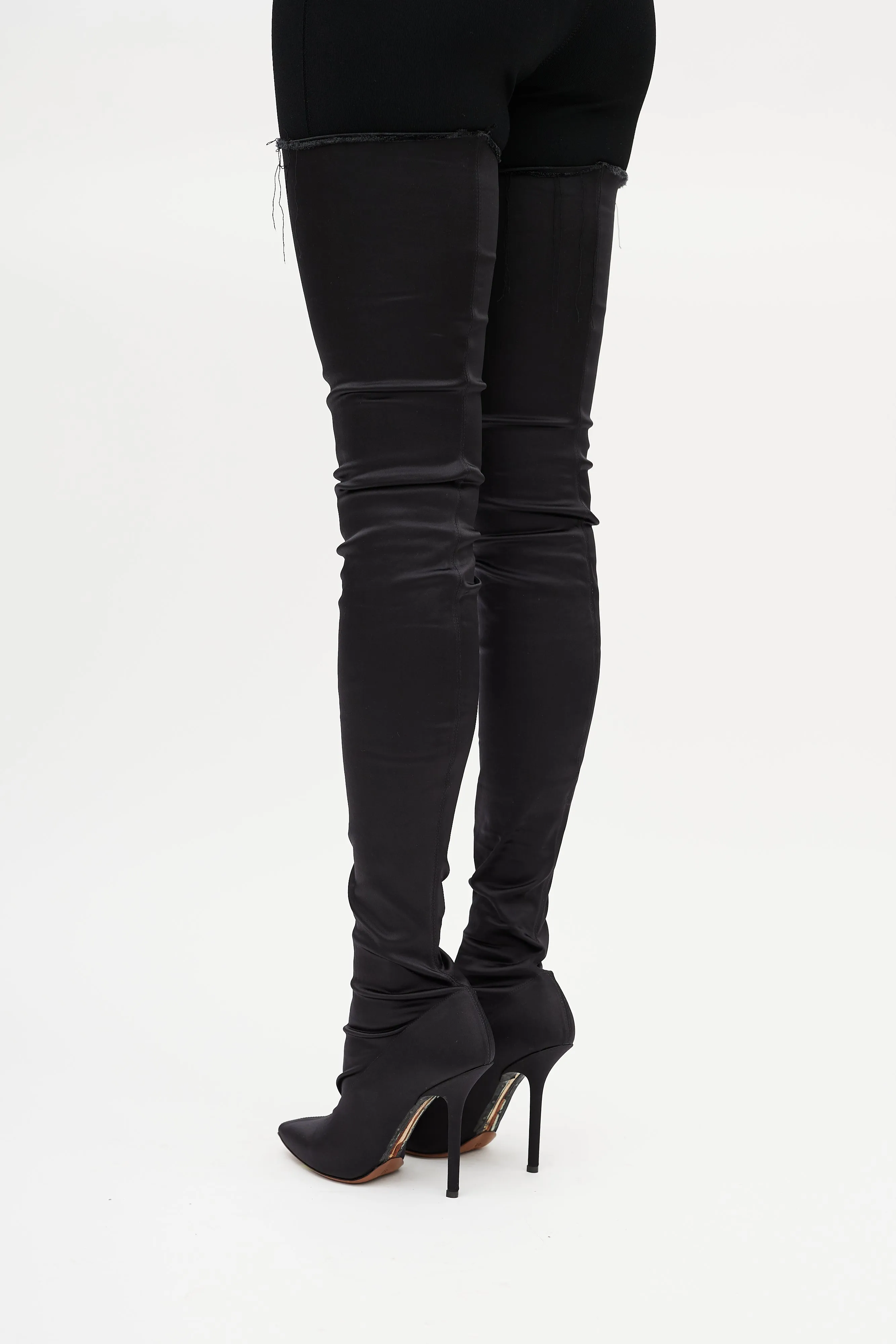 Black Satin Deconstructed Thigh High Boot