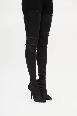 Black Satin Deconstructed Thigh High Boot