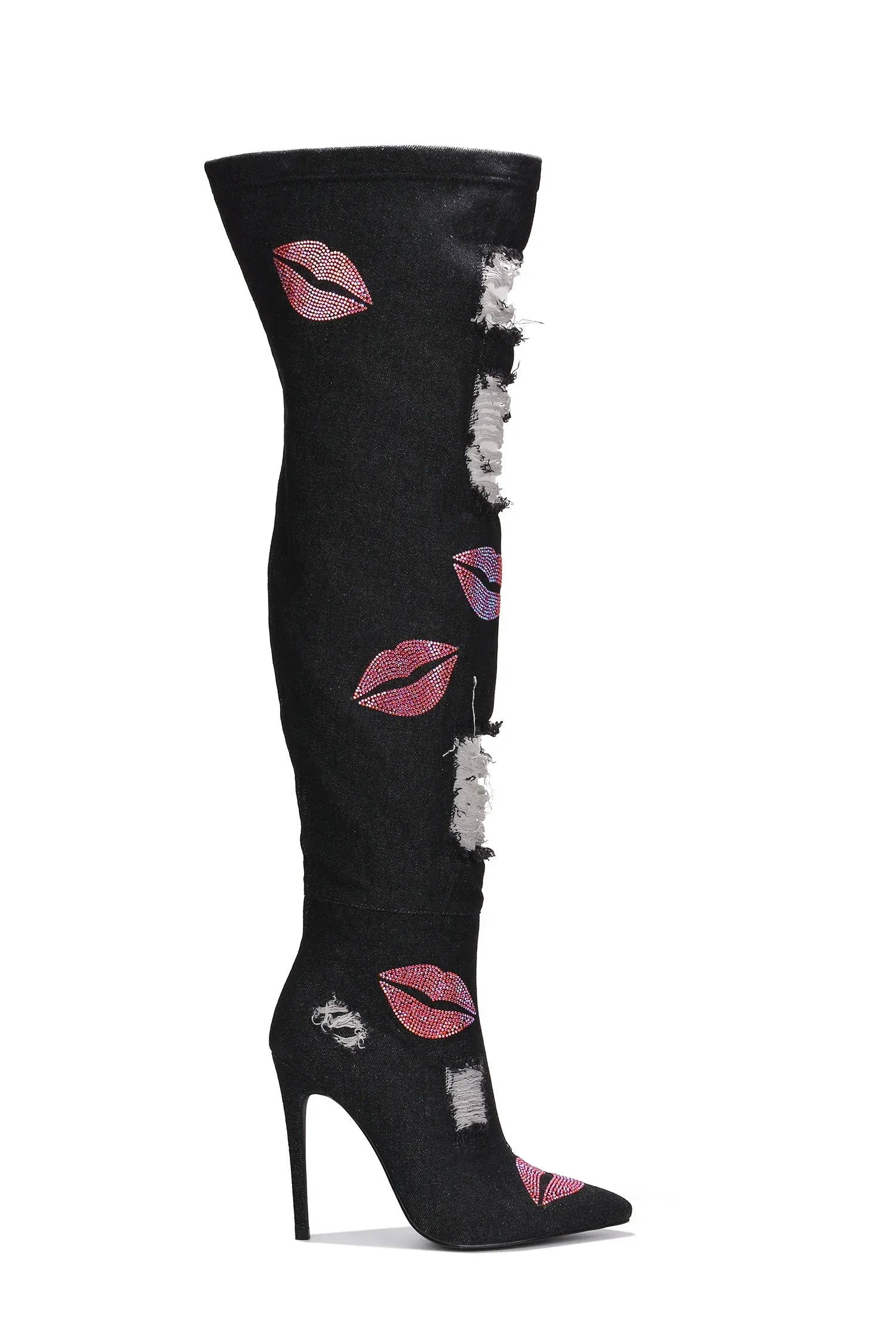 Black Womens Hole Denim Stiletto Thigh High Boots