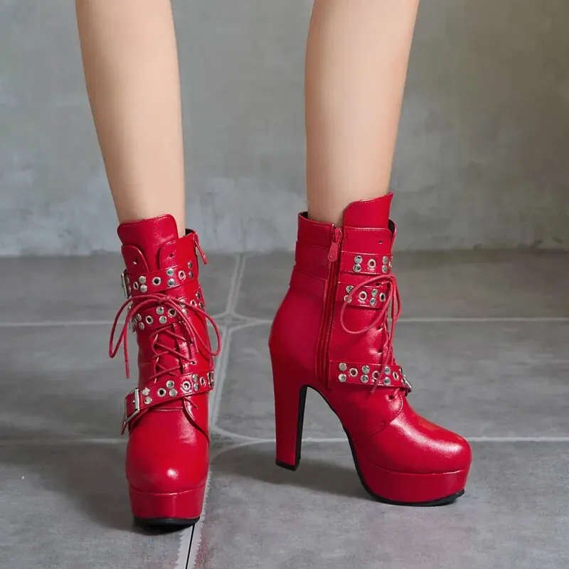 Buckle Detail High Heel Platform Ankle Boots