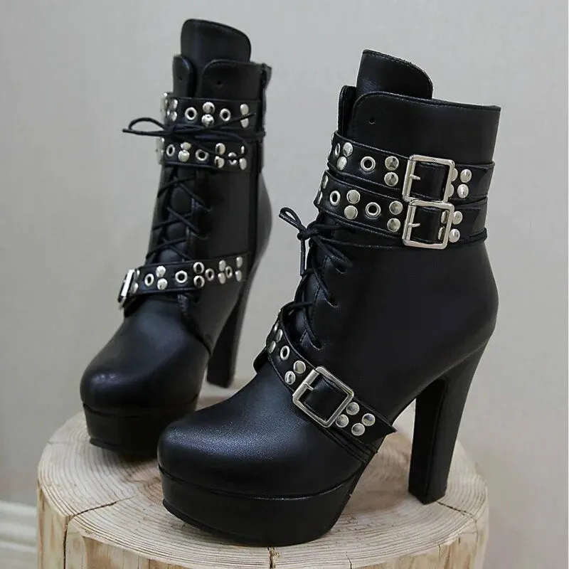 Buckle Detail High Heel Platform Ankle Boots