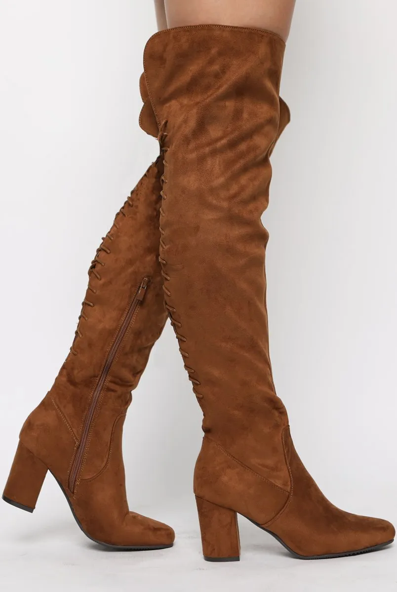 Camel Faux Suede Back Lace Up Thigh High Boots - Brooklyn