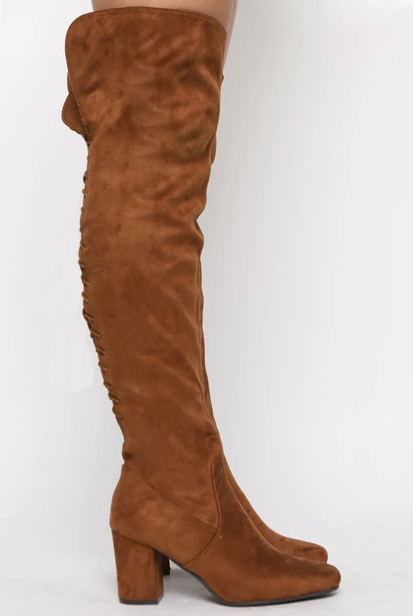 Camel Faux Suede Back Lace Up Thigh High Boots - Brooklyn