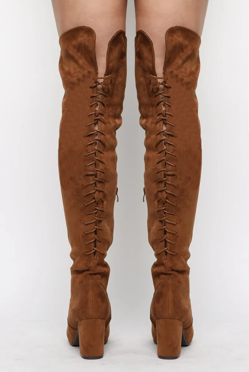 Camel Faux Suede Back Lace Up Thigh High Boots - Brooklyn