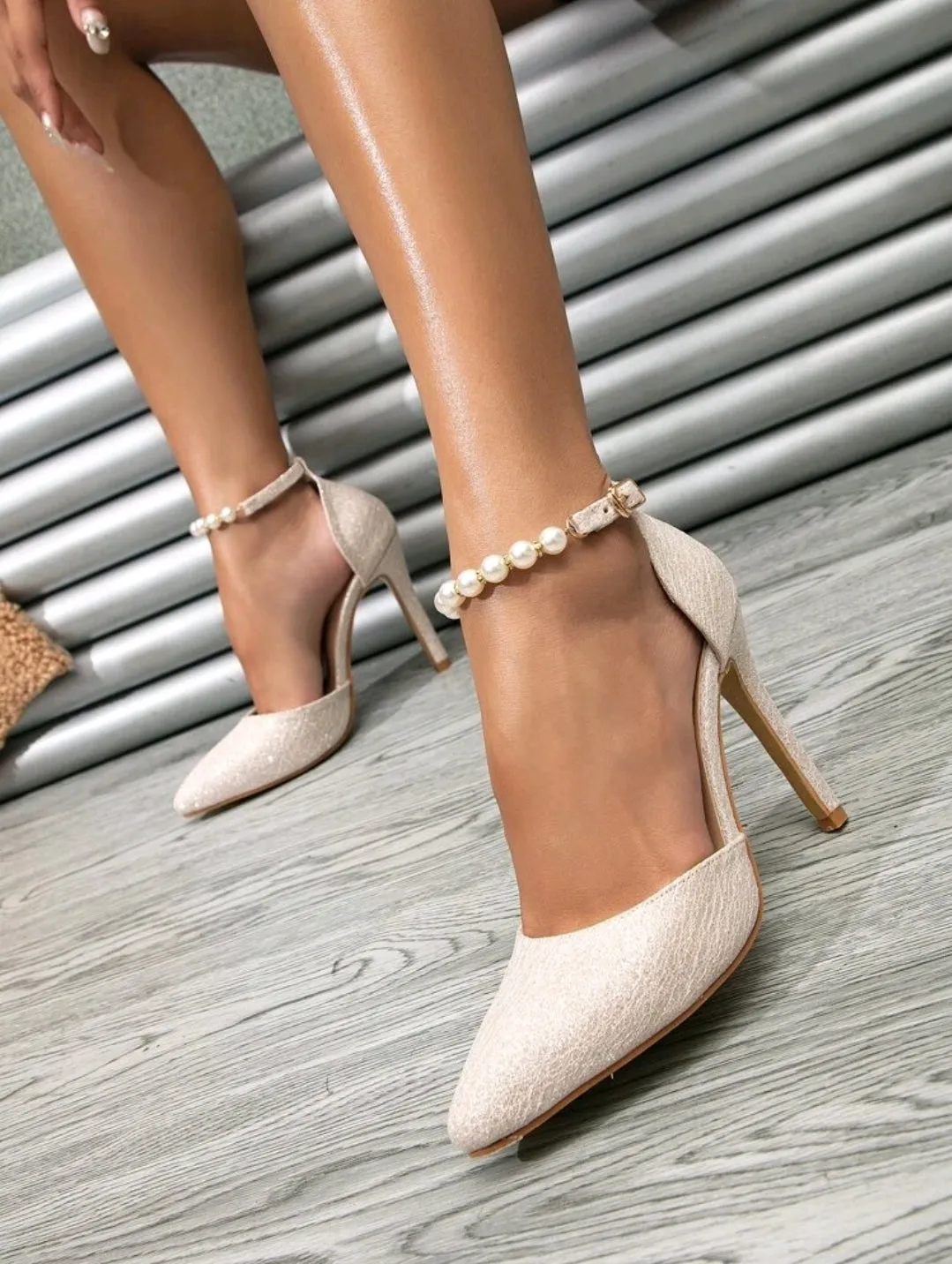 Champagne 'Let Love Sparkle' Glitter Pearl Bridal Heels