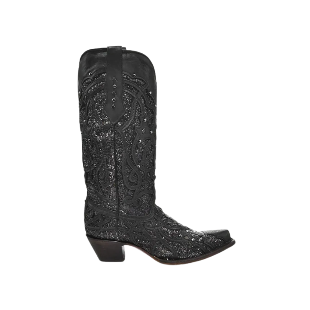 Corral Boots Women's Inlay And Studs Snip Toe Black Glitter Boots