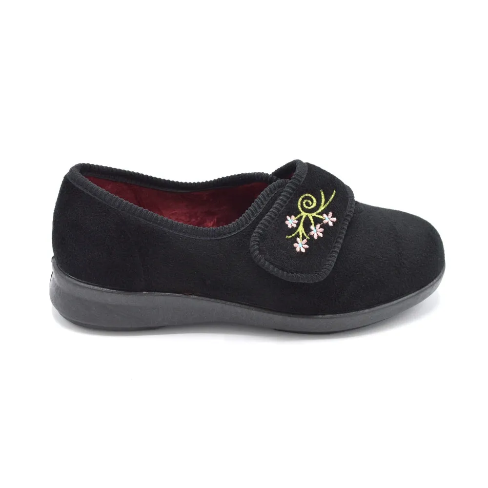 DB Caroline - Ladies Extra Wide Fit Velcro Slipper - Black 6E Fitting