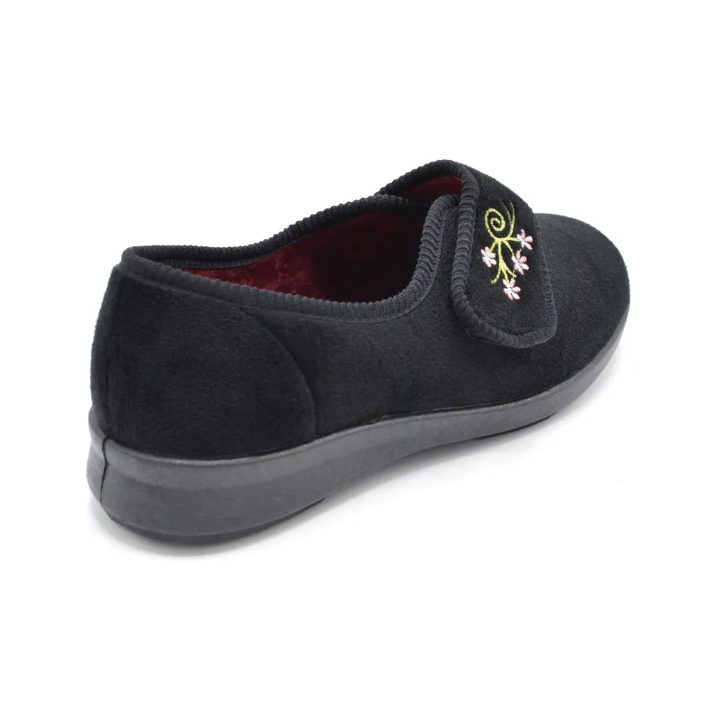 DB Caroline - Ladies Extra Wide Fit Velcro Slipper - Black 6E Fitting