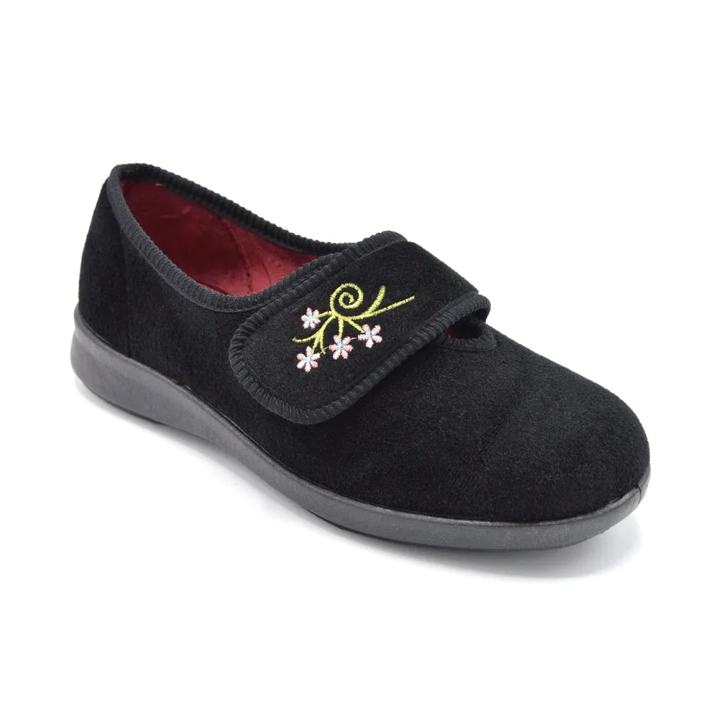 DB Caroline - Ladies Extra Wide Fit Velcro Slipper - Black 6E Fitting