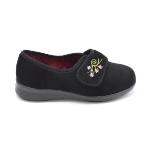 DB Caroline - Ladies Extra Wide Fit Velcro Slipper - Black 6E Fitting