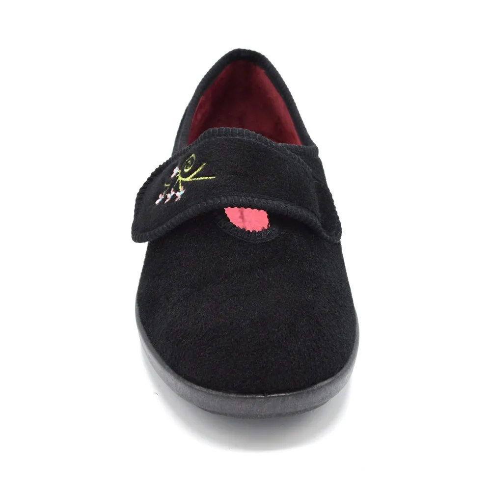 DB Caroline - Ladies Extra Wide Fit Velcro Slipper - Black 6E Fitting