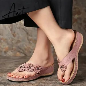Flip Flop Sandals for Women Summer PU Flower Light Soft Soles Wedge Slippers Women Flat Slides Shoes for Beach Big Size 46
