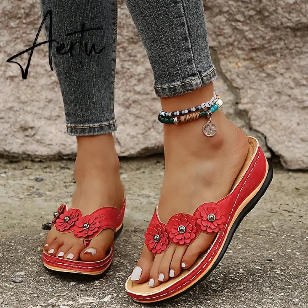 Flip Flop Sandals for Women Summer PU Flower Light Soft Soles Wedge Slippers Women Flat Slides Shoes for Beach Big Size 46