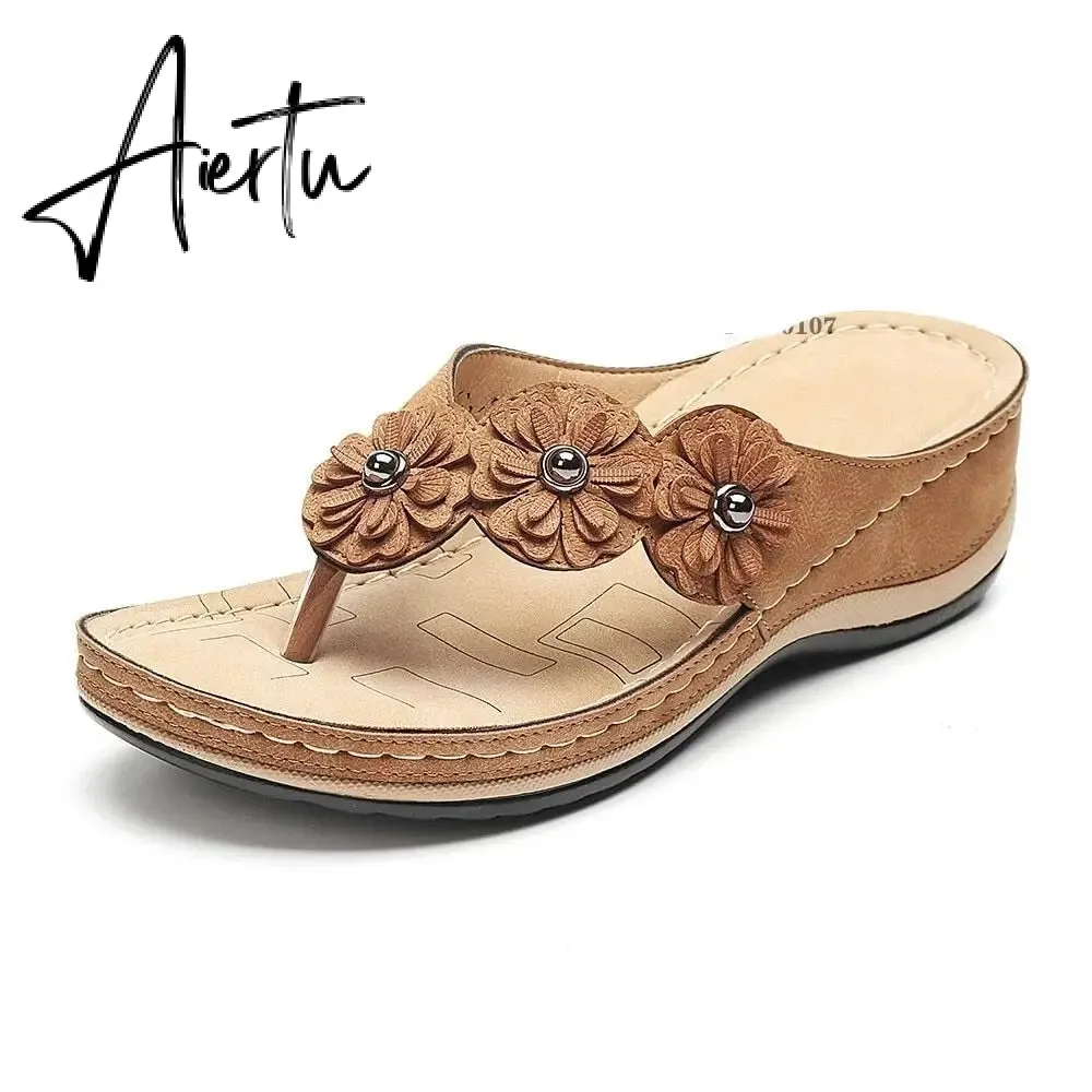Flip Flop Sandals for Women Summer PU Flower Light Soft Soles Wedge Slippers Women Flat Slides Shoes for Beach Big Size 46