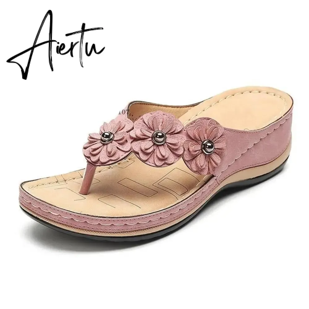 Flip Flop Sandals for Women Summer PU Flower Light Soft Soles Wedge Slippers Women Flat Slides Shoes for Beach Big Size 46