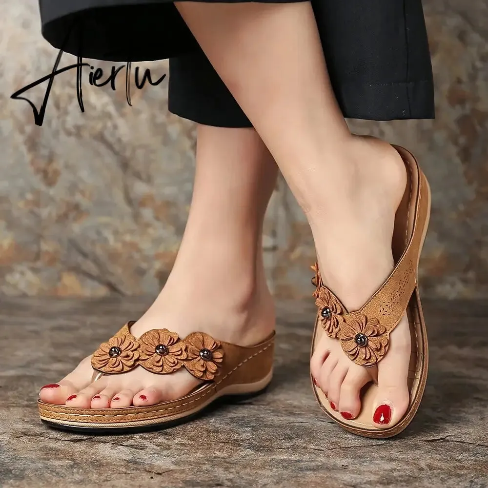 Flip Flop Sandals for Women Summer PU Flower Light Soft Soles Wedge Slippers Women Flat Slides Shoes for Beach Big Size 46