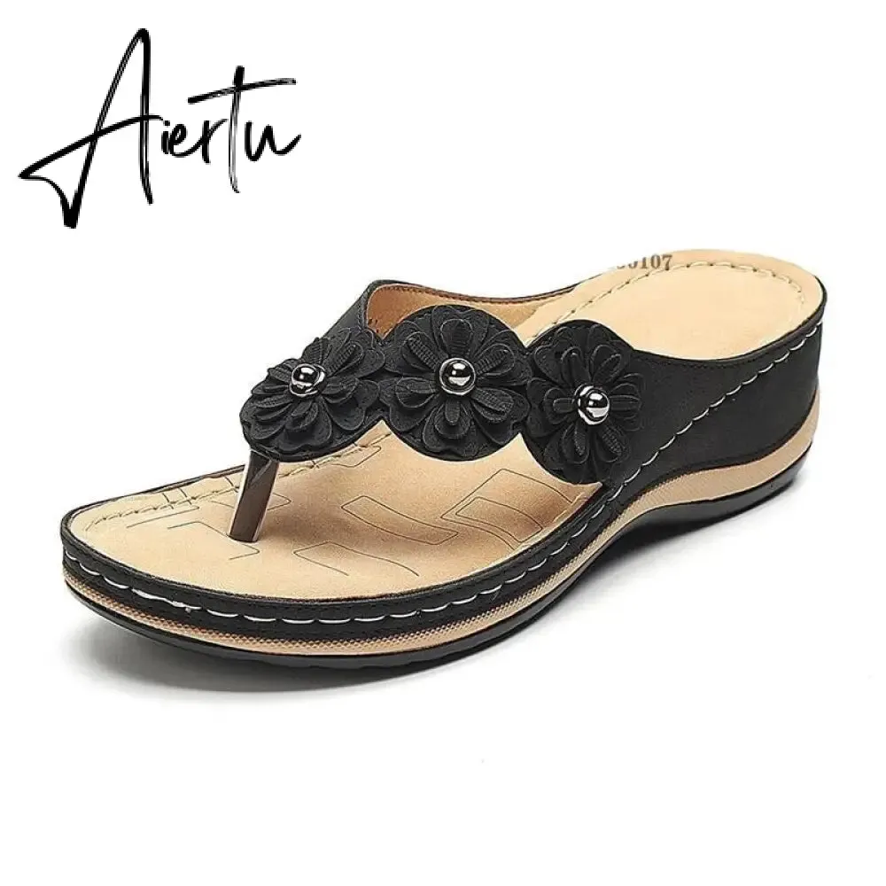 Flip Flop Sandals for Women Summer PU Flower Light Soft Soles Wedge Slippers Women Flat Slides Shoes for Beach Big Size 46