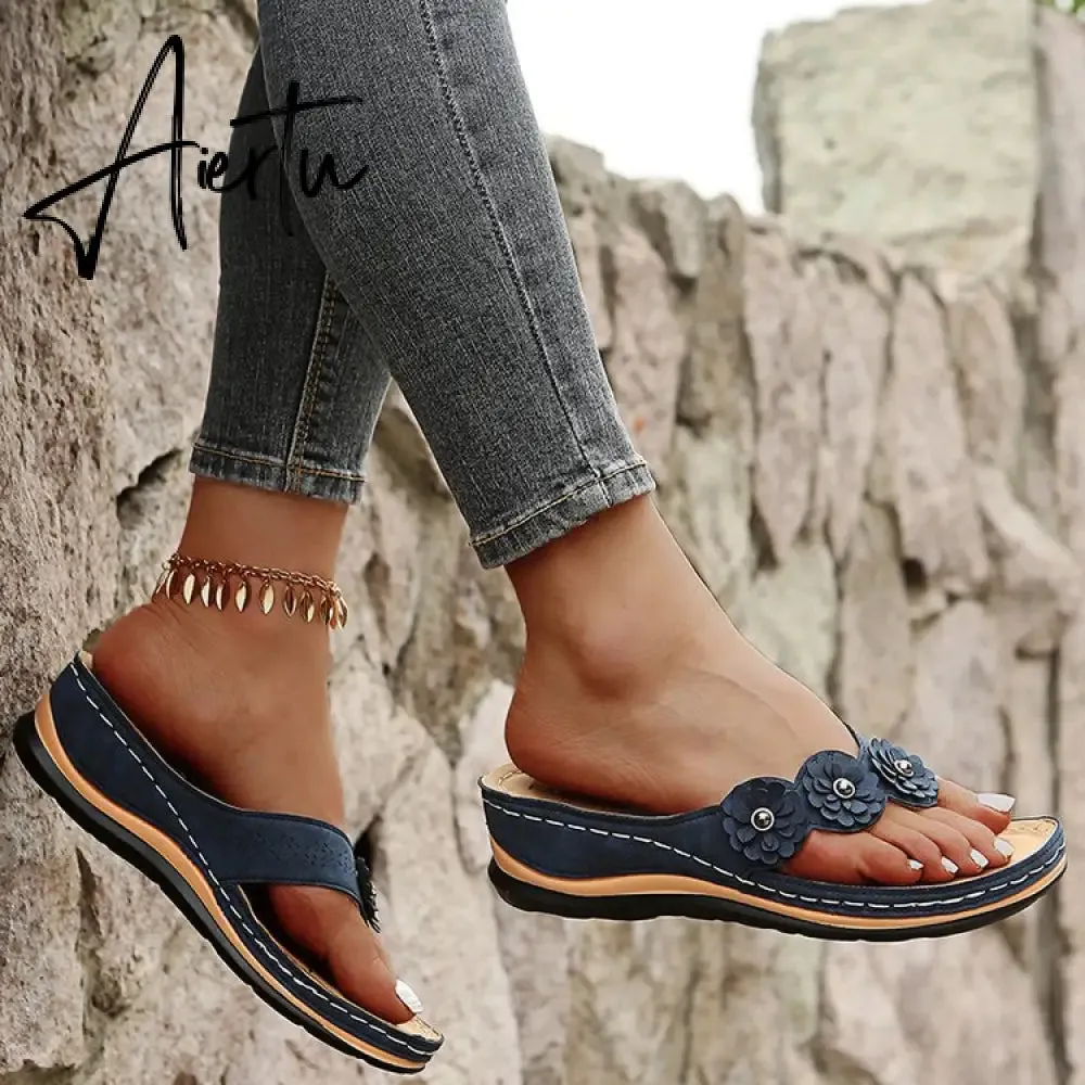 Flip Flop Sandals for Women Summer PU Flower Light Soft Soles Wedge Slippers Women Flat Slides Shoes for Beach Big Size 46