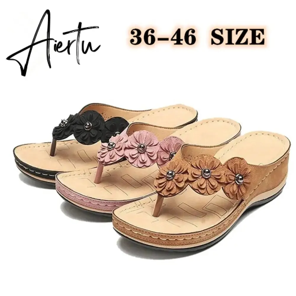 Flip Flop Sandals for Women Summer PU Flower Light Soft Soles Wedge Slippers Women Flat Slides Shoes for Beach Big Size 46